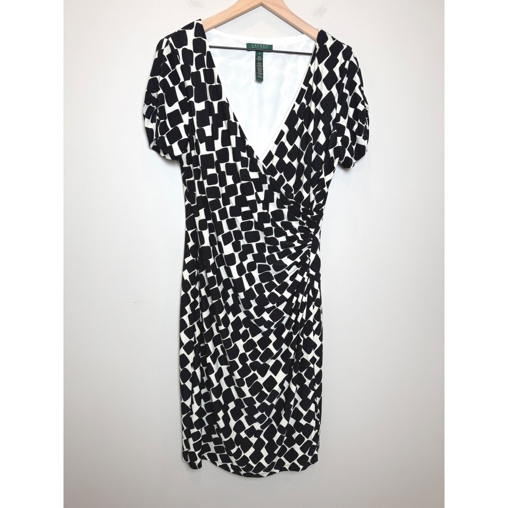 Lauren Ralph Lauren Black White Square Short Sleeve Faux Wrap Midi Dress 14